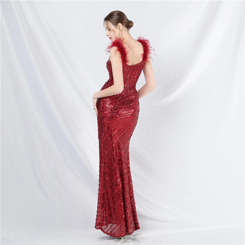 Evening Dress Craft Beaded Ostrich Feather Sequined Side Slit Evening Dress view 60