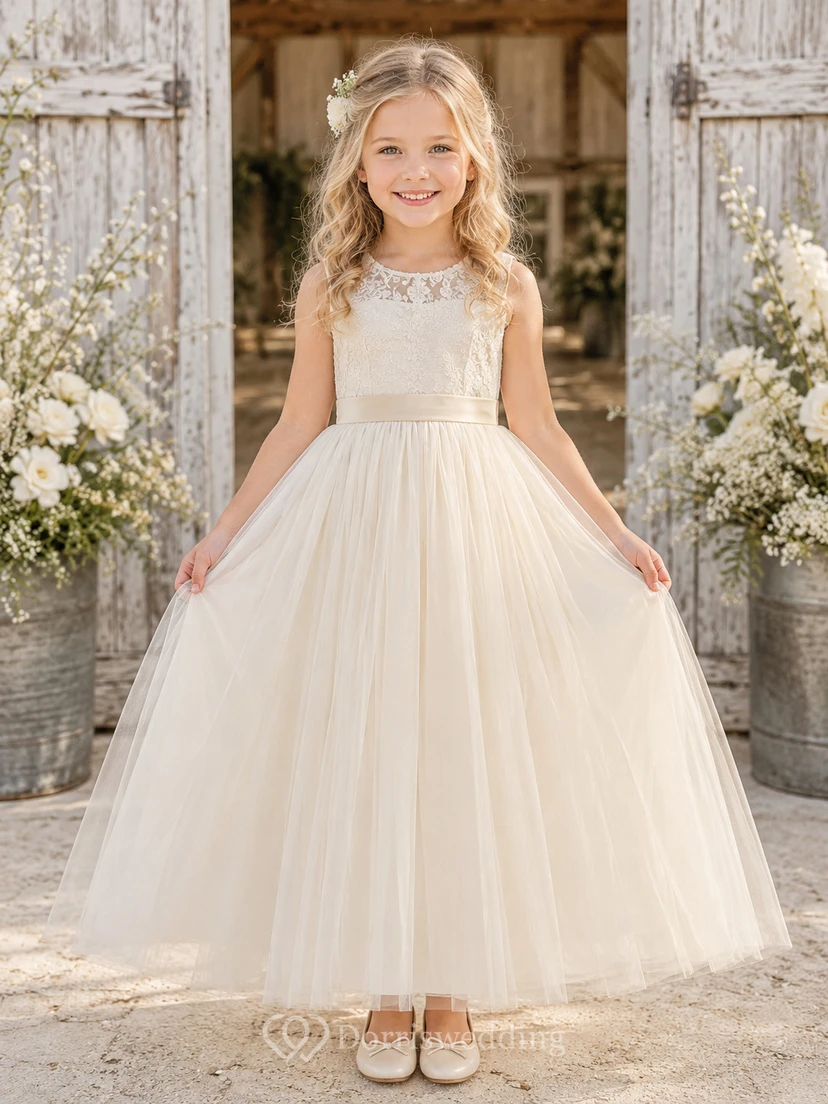 Klassisches A-Linien-Blumenmädchenkleid aus Tüll mit Spitzenoberteil, Rundhalsausschnitt, bodenlangem Rock und Schleifendetail.
