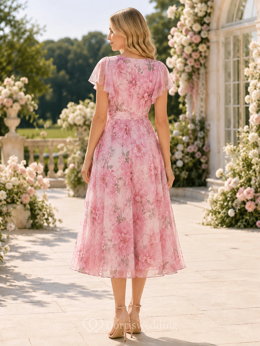 Blushing Pink Floral V Neck Flutter Midi Guest Dress view 2