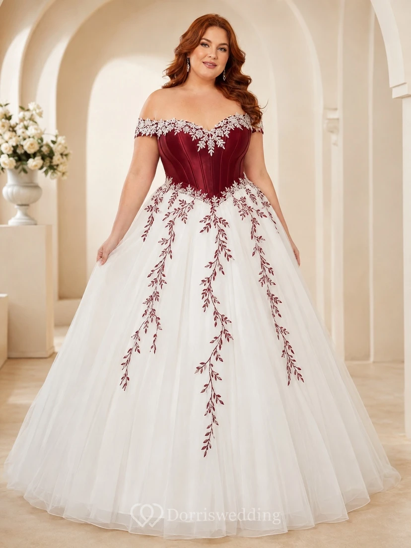 Burgunderrotes, besticktes Brautkleid in großen Größen, schulterfrei, kurze Ärmel, Kapellenschleppe, romantisch-elegant