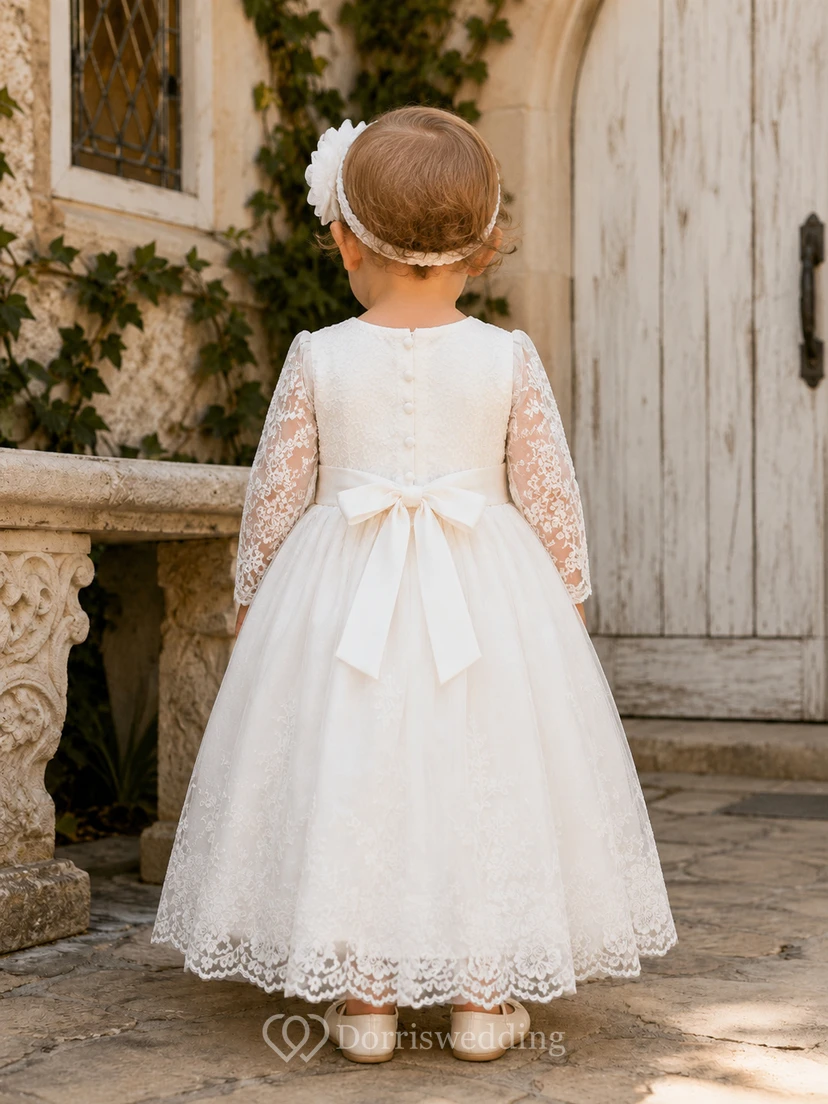 Long Sleeve Baptism Dress A-Line Lace Tulle Jewel Neck Tea-Length view 2