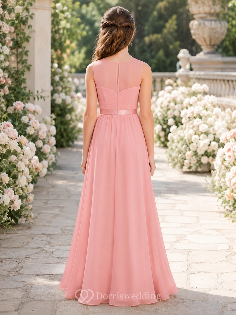 Romantisches, korallenfarbenes, ärmelloses Chiffon-Brautjungfernkleid in A-Linie mit Herzausschnitt und bodenlanger Länge view 2