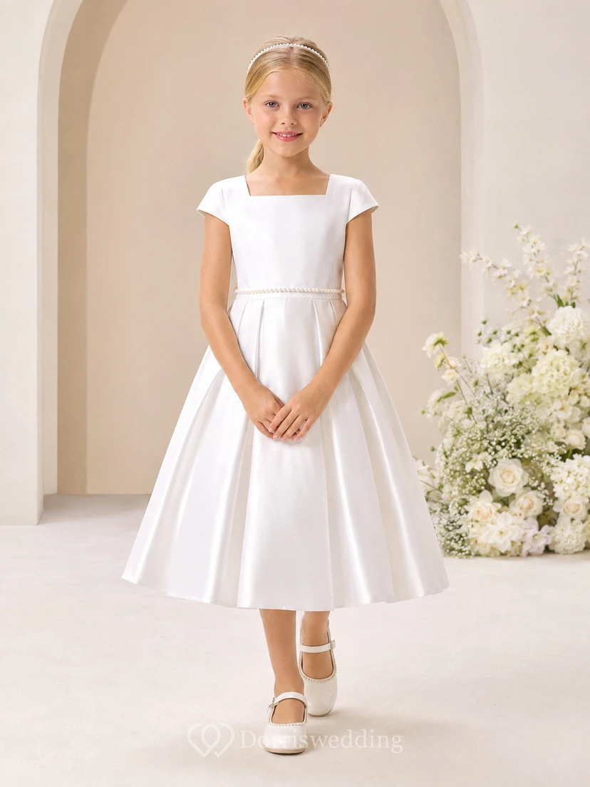 Satin-Blumenmädchenkleid in Teelänge mit quadratischem Ausschnitt, kurzen Ärmeln und eckigem Ausschnitt, für Kommunion, Teelänge