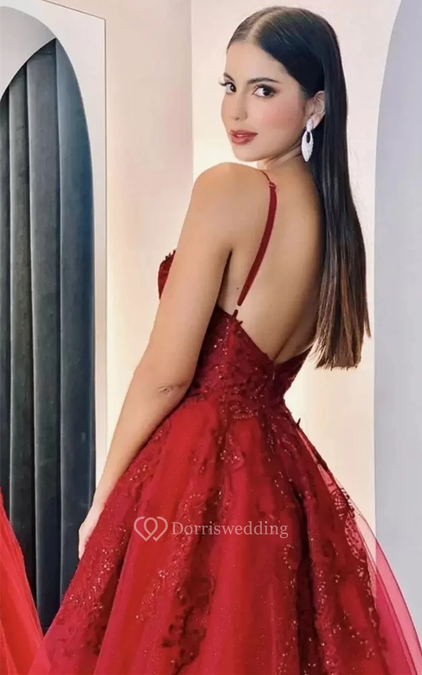 Sleeveless Delicate A Line Tulle V-neck Sequins Prom Dress view 2