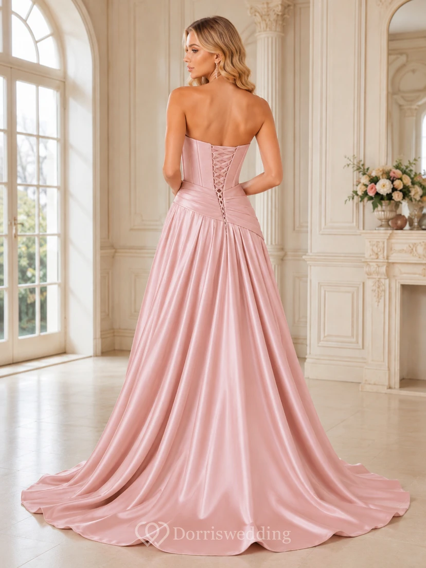 Perlmuttrosa trägerloses, herzförmiges, gerafftes Korsett-Abendkleid aus Satin in A-Linie, bodenlang view 2