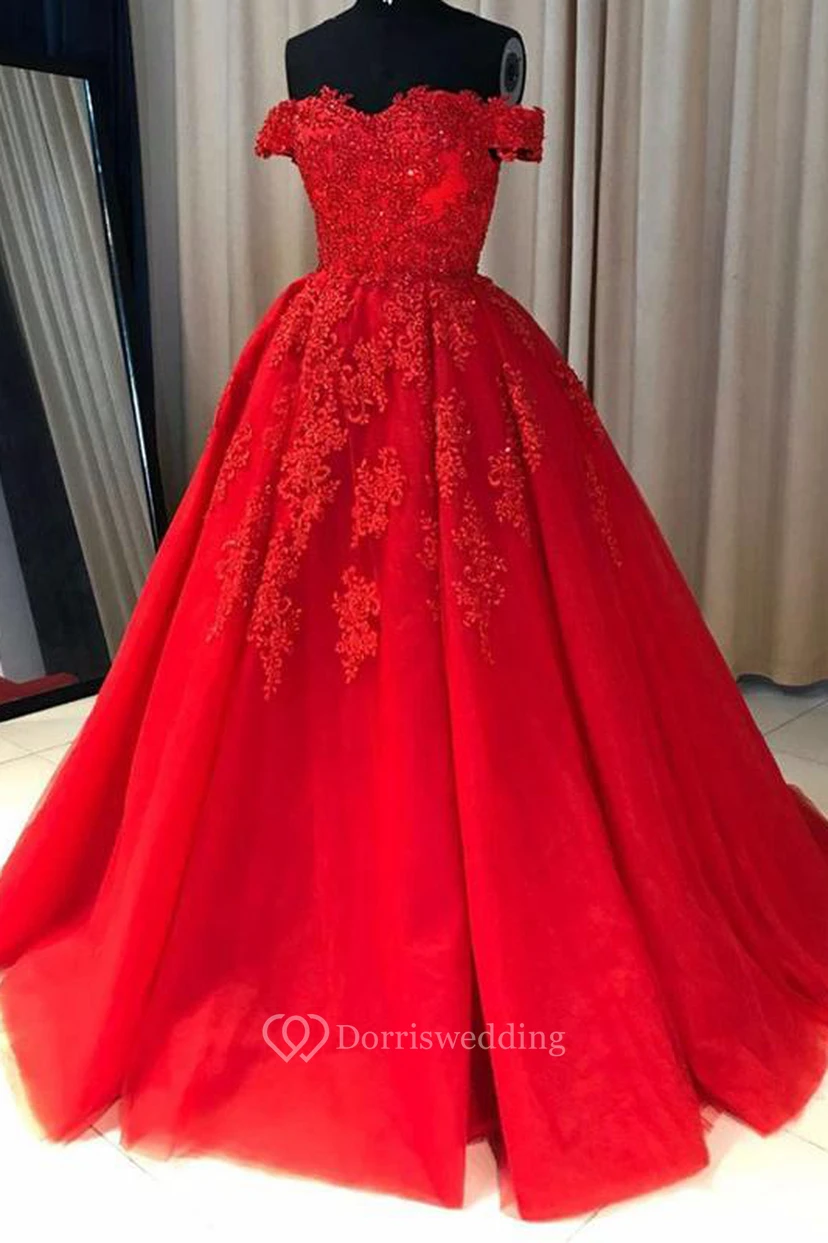 Ball Gown Lace Tulle Off-the-shoulder Short Sleeve Zipper Dress view 4