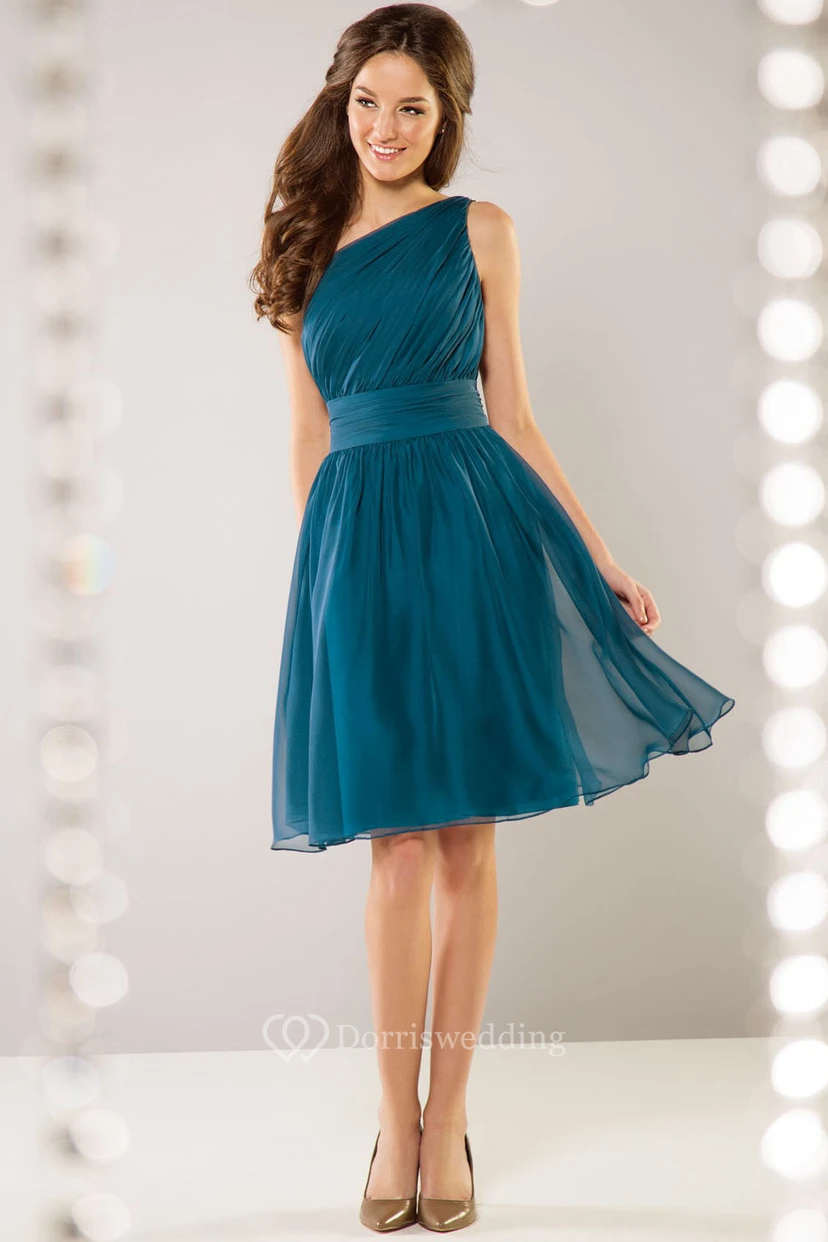 One-Shoulder Knee-Length Bridesmaid Dress With Beadings And Pleats