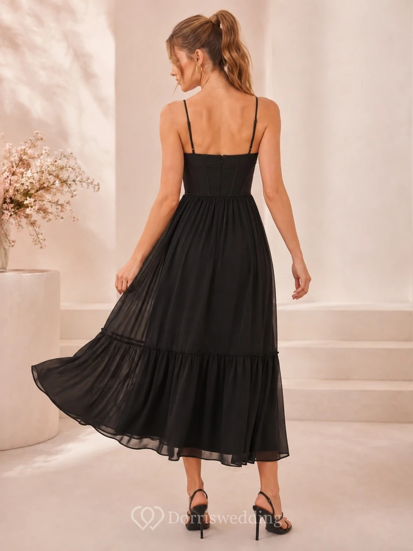 Black Spaghetti Strap Sweetheart Corset Chiffon Tiered Ankle-Length A-Line Guest Dress view 2