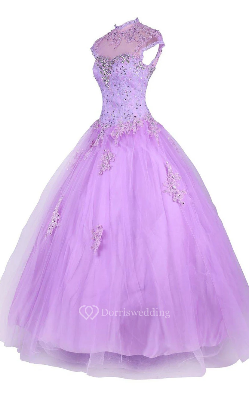 Cap-sleeved A-line Ballgown With Beadings and Illusion view 2