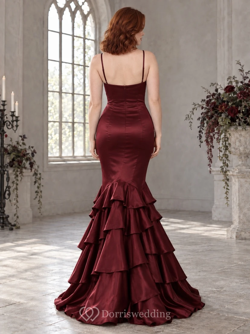 Vestido de dama de honor ajustado de satén burdeos con tirantes finos, estilo gótico sirena, con volantes y escote cuadrado. view 2