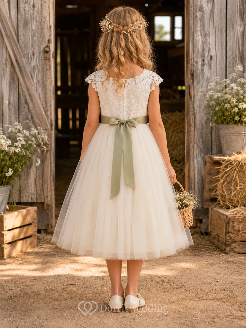 Boho Tea-Length A-Line Country Flower Girl Lace Tulle Sage Sash Cap Sleeve Jewel Neck Dress view 2