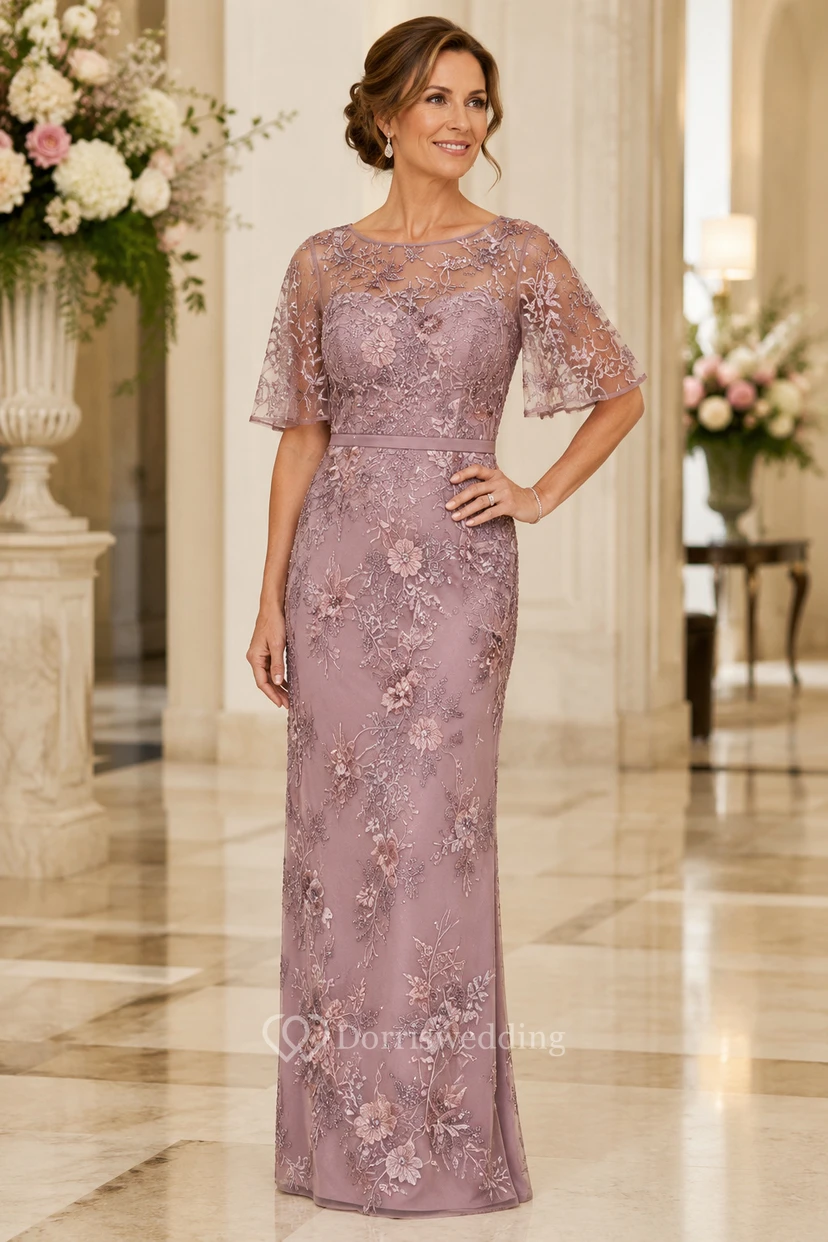 Vestido de tubo color malva con encaje y mangas con volantes para madres.