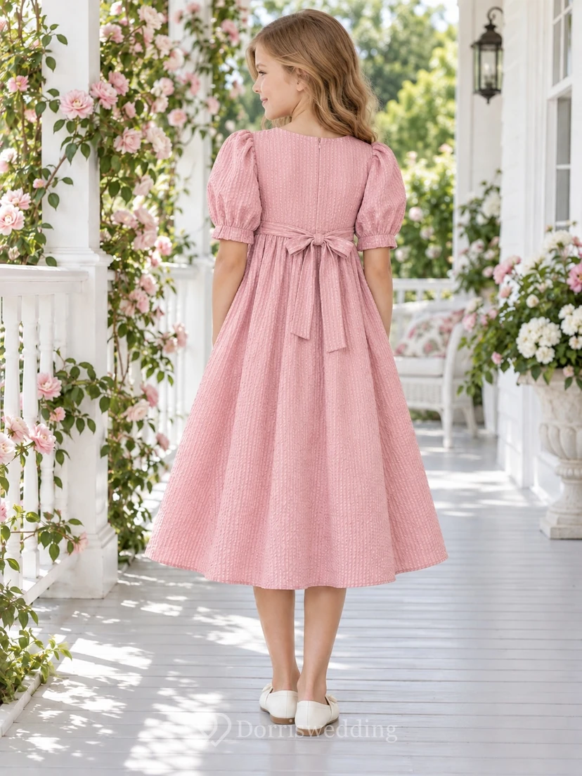 Vintage Tea-length Pink Jewel Neck Puff Sleeve Bow Seersucker Flower Girl Dress view 2