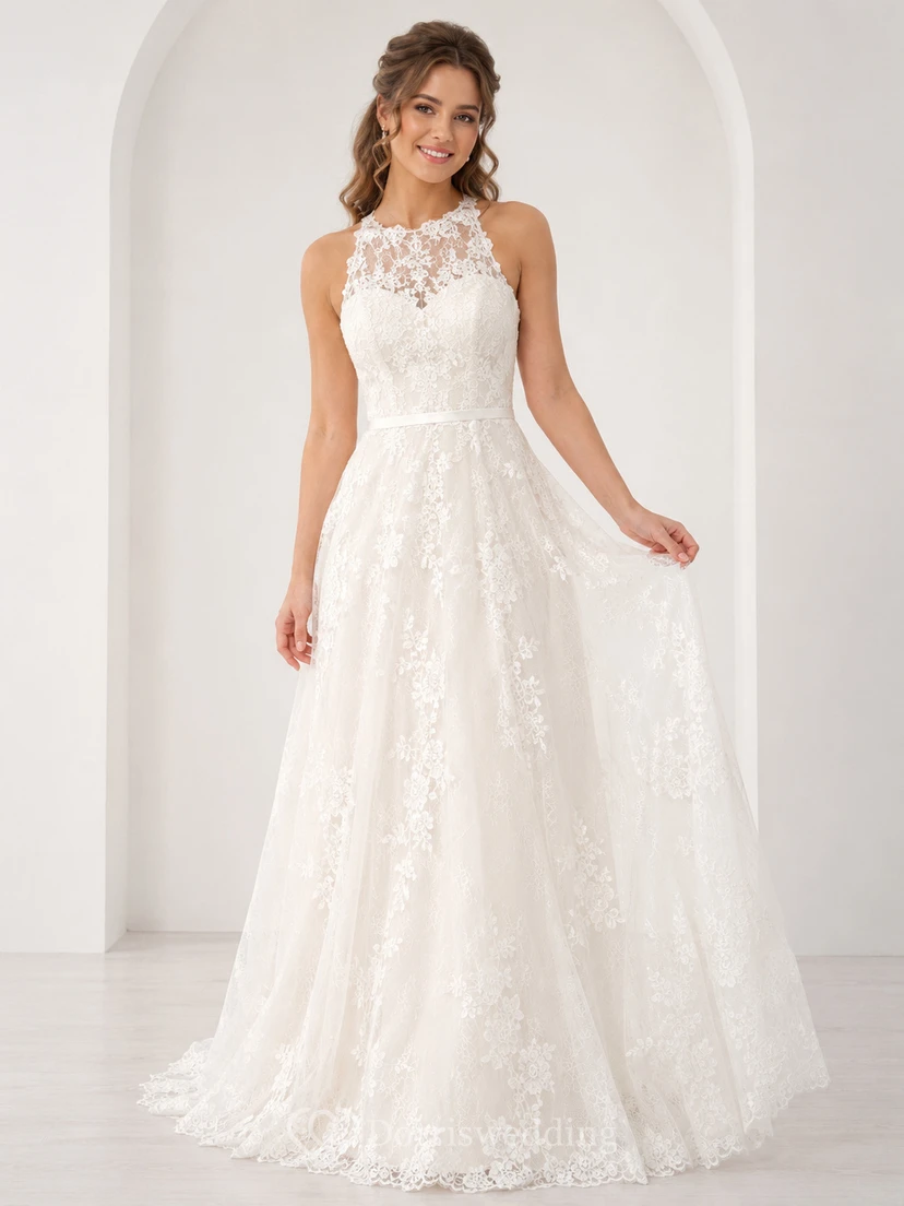 Petite High Neck Neckholder A-Linien Brautkleid aus Spitze