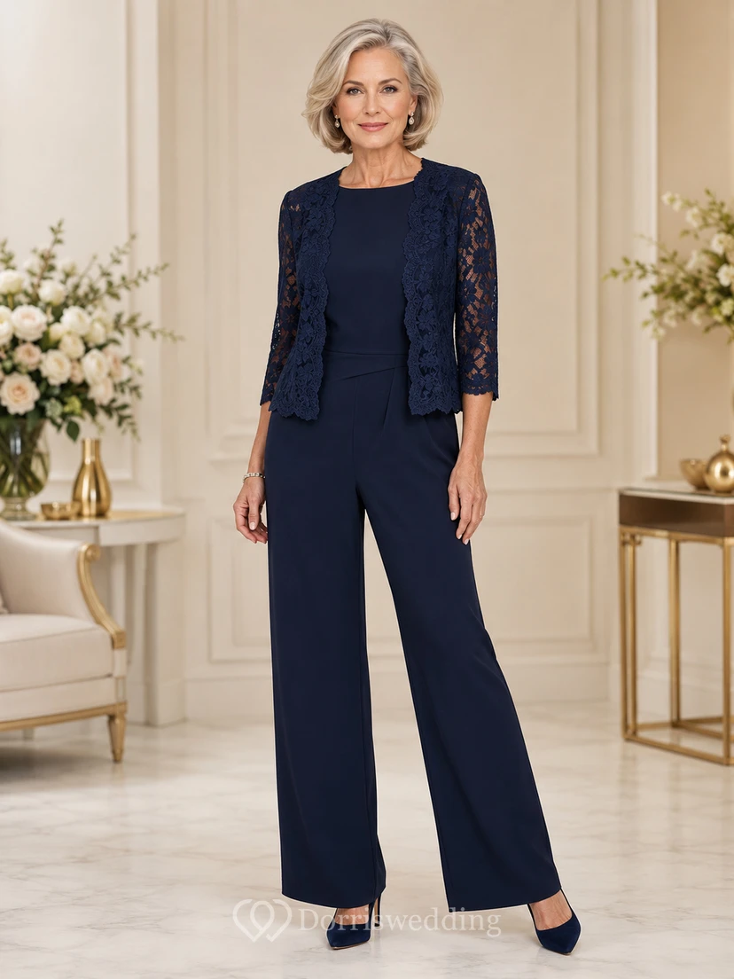 Dunkelblauer Spitzen-Jumpsuit von Mother mit passendem Spitzenjacken-Set mit Rundhalsausschnitt und gerader Hose