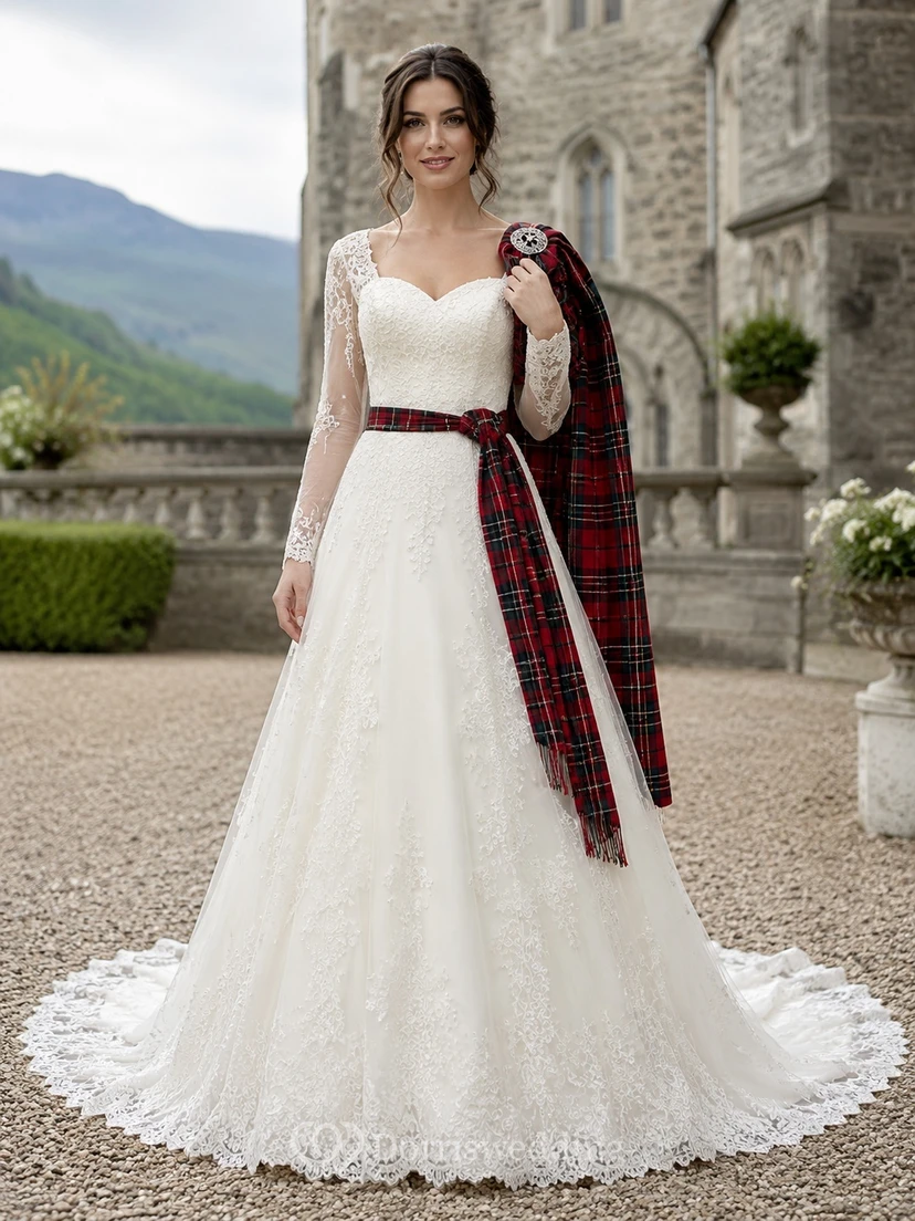 Traditionelles schottisches Highland-Tartan-Brautkleid mit langen Ärmeln, Rundhalsausschnitt, Spitze und A-Linien-Schnitt