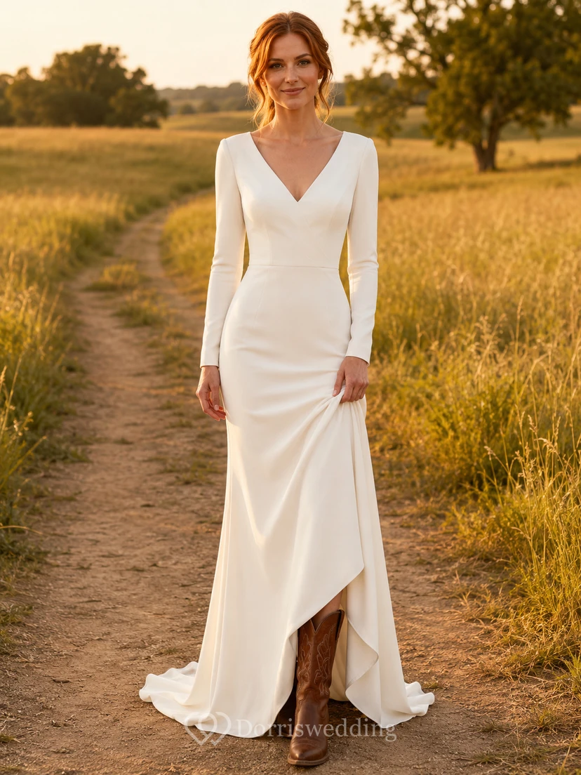 Crepe Sheath V-Neck Long Sleeve Low Back Wedding Dress Simple