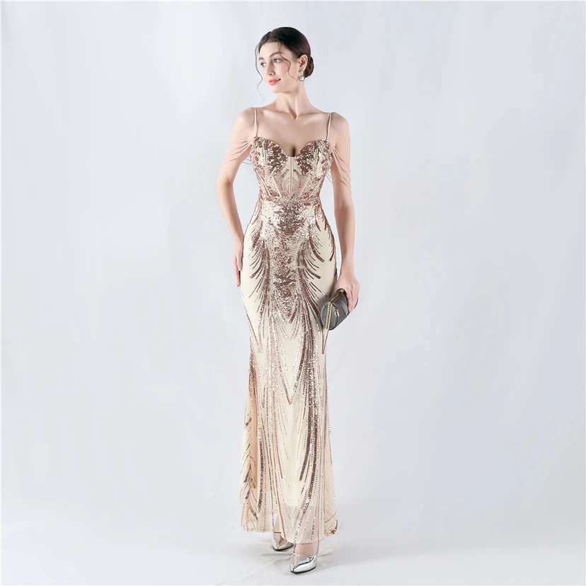 Waist-Reduced Fishbone Shaping Positioning Flower Sequined Anchor Sexy Beaded Suspender Evening Dress view 15