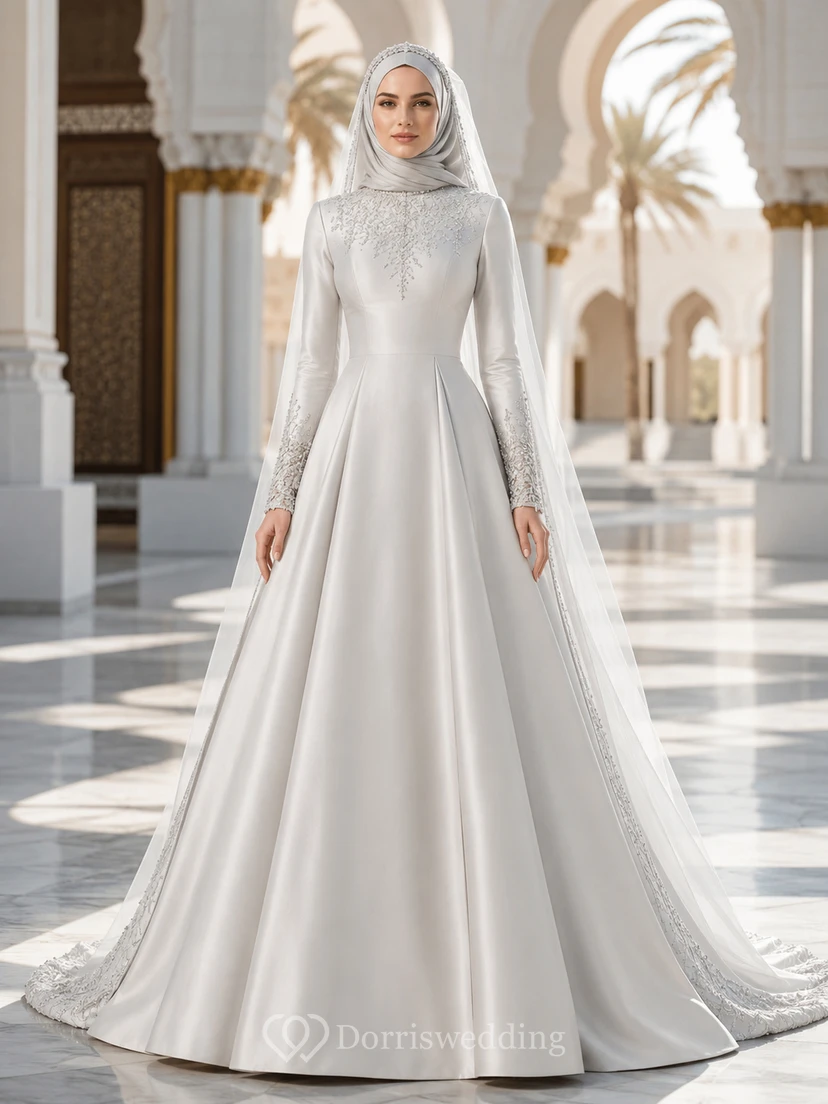 Vestido de novia musulmán modesto de satén con cuello alto y manga larga, corte en A