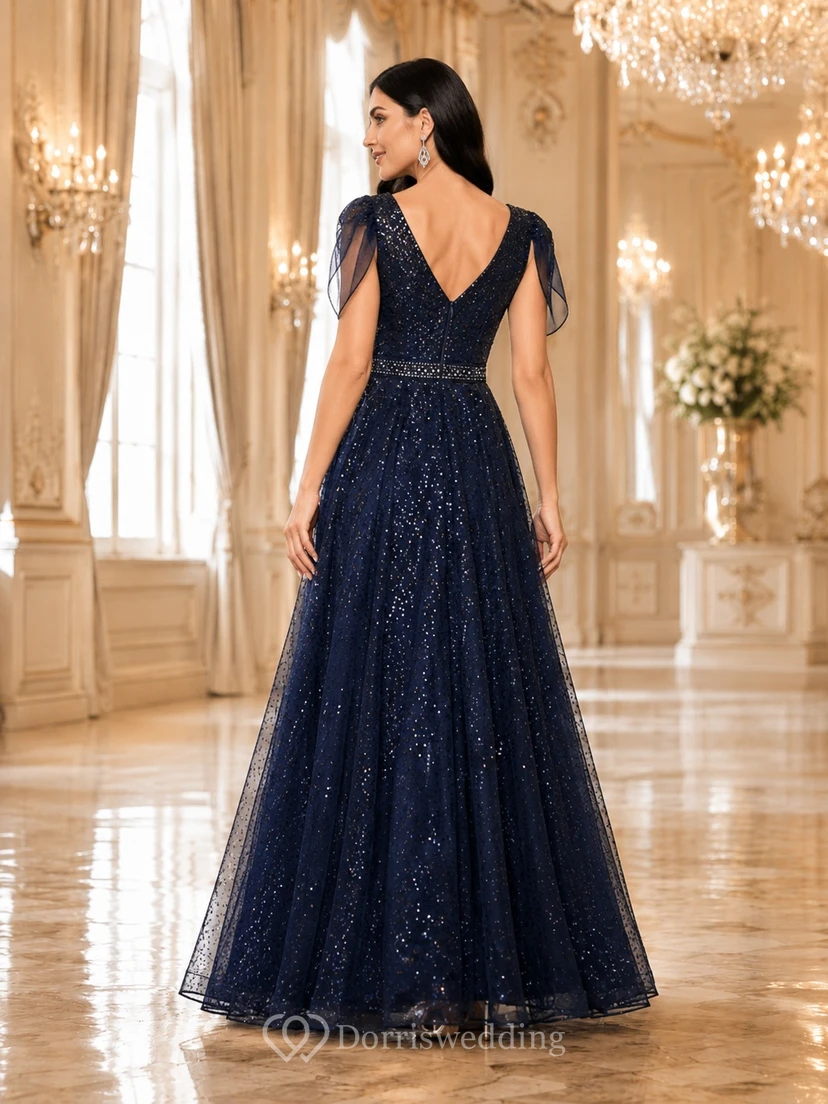 Dark Navy V-Neck Cap-Sleeve Sequin Tulle A-Line Floor-length Elegant Formal Evening Gown view 2