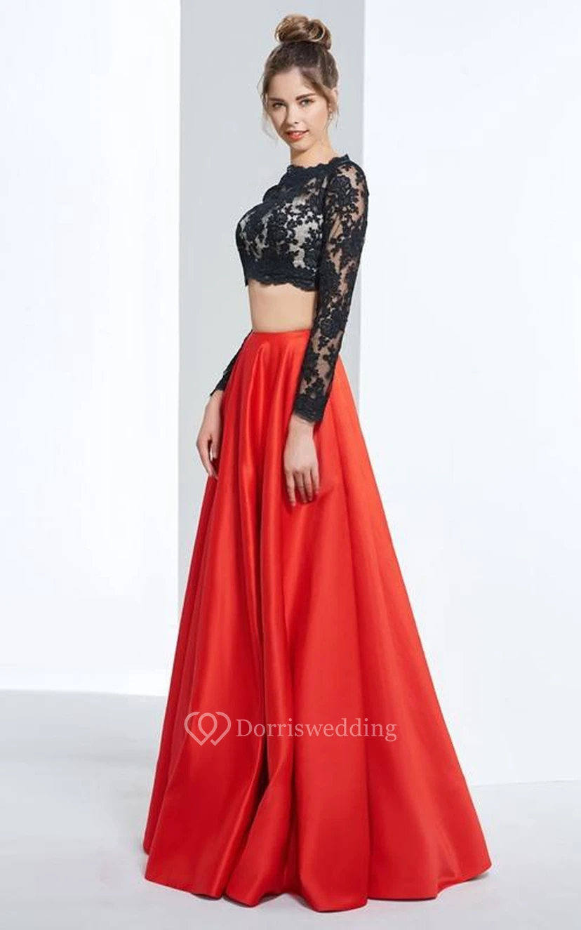 Two Pieces Long Sleeves A-Line Scalloped-Edge Floor-Length Prom Dress view 3