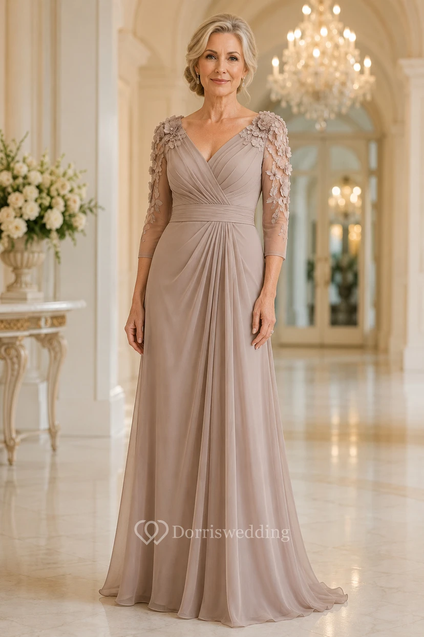 Taupe V-Neck Chiffon Mother Dress With Lace Sleeves
