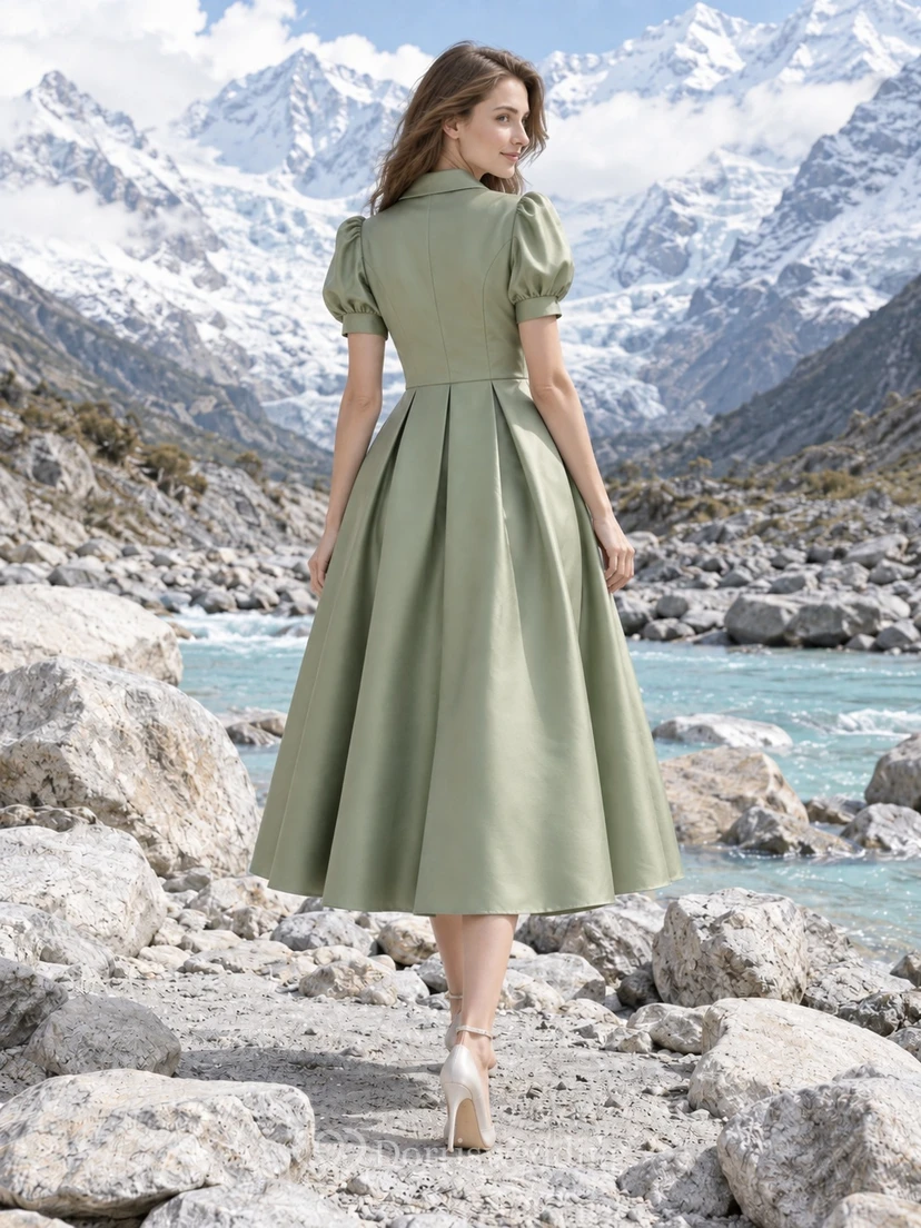 Schlichtes, dezentes, salbeigrünes Hemdblusenkleid aus Satin in Teelänge mit Puffärmeln view 2