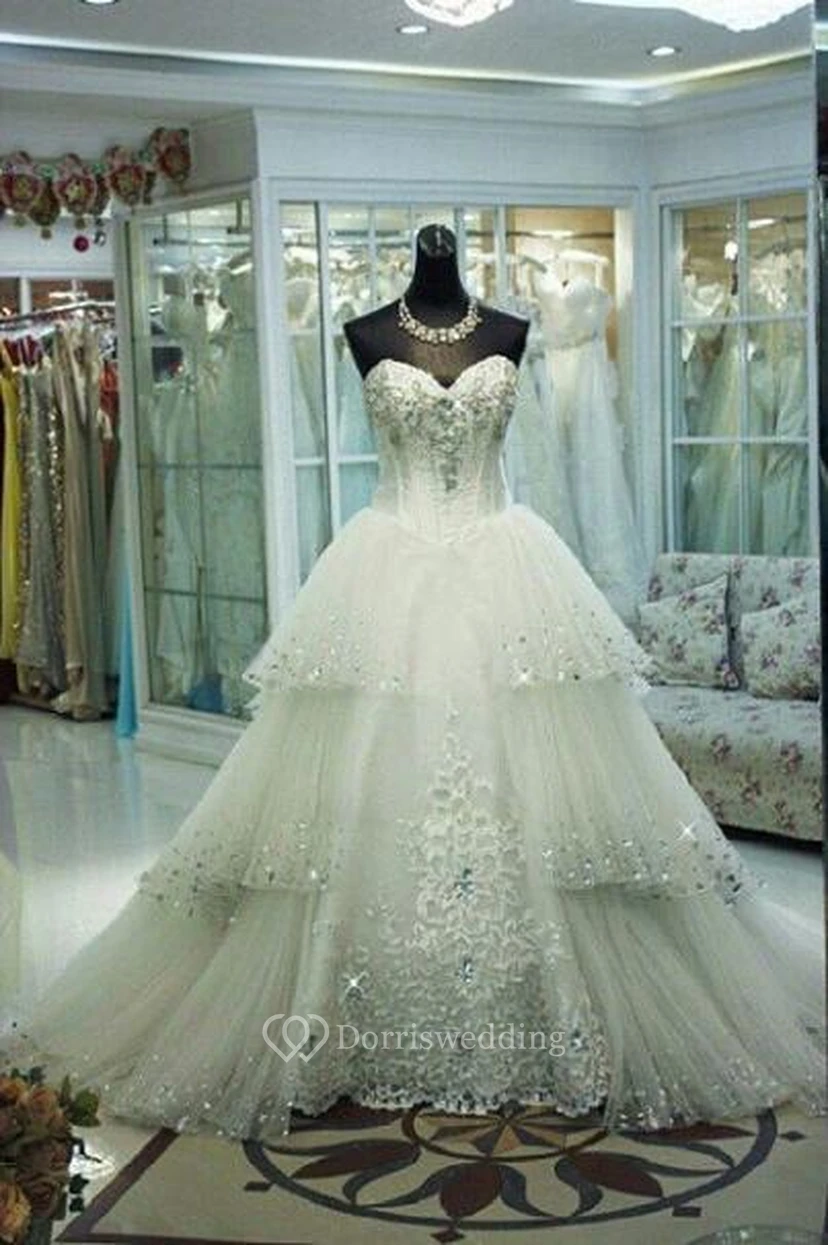 Glamorous Three Layers Tulle Wedding Dress Sequins Beadings