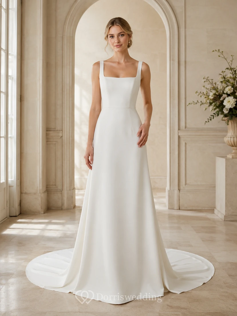 Robe de mariée minimaliste en satin classique, col carré, sans manches, coupe trapèze et traîne, idéale pour une salle de bal.