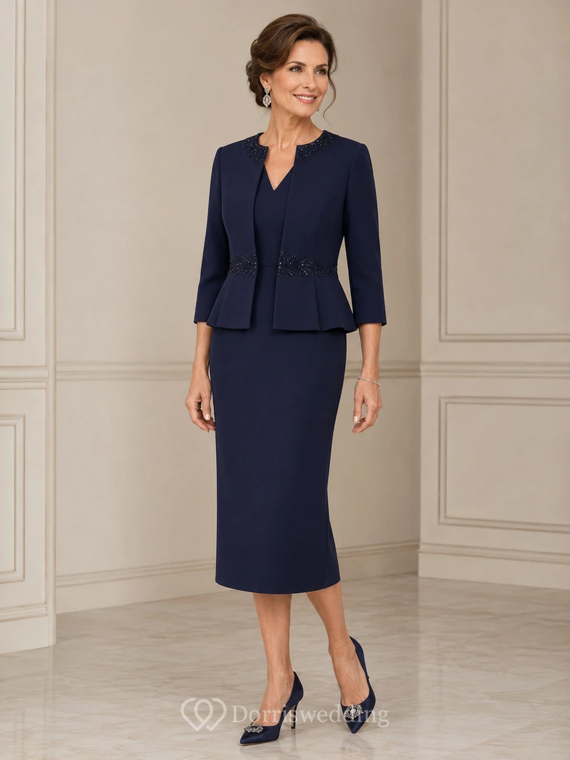 Dark Navy Peplum Mother Dress with Jacket Dark Navy Notched Pencil Knee-length
