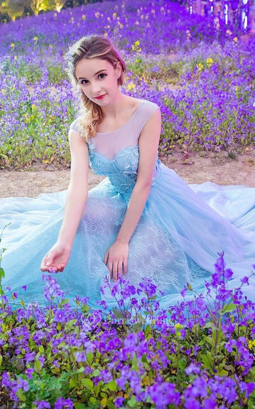 A-Line Bateau Appliques Beading Lace Sweep Train Prom Dress view 4