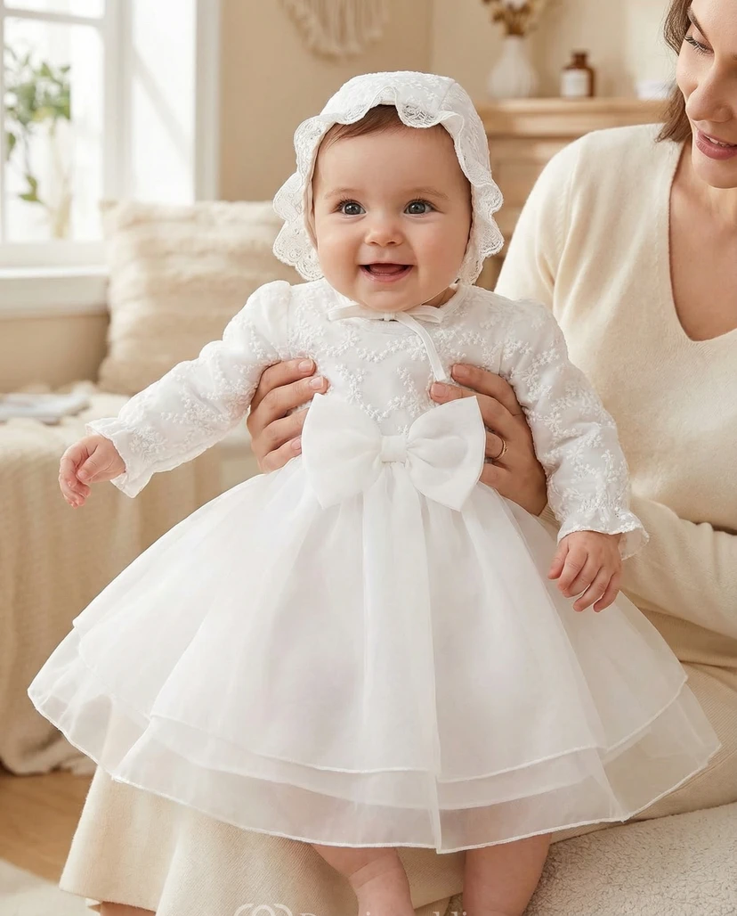Weißes Taufkleid für Blumenmädchen, Spitzenjacke, Kleid mit Schleife in der Taille