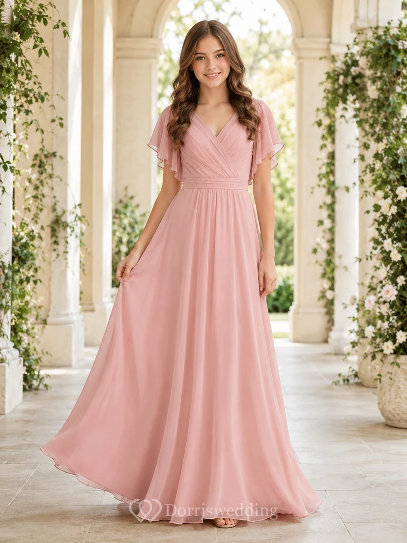 Zartrosa Brautjungfernkleid für junge Damen, A-Linie, V-Ausschnitt, kurze Ärmel, plissiert