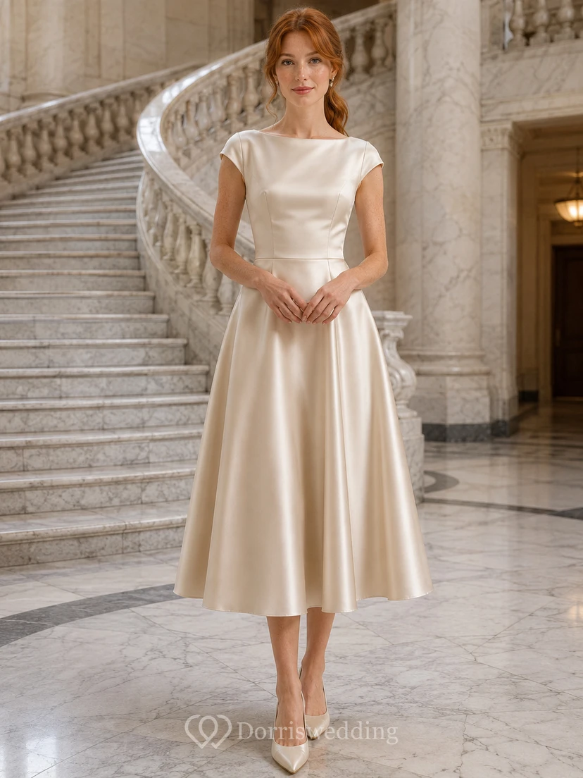 Robe de mariée mi-longue en satin à manches cape et bateau Courthouse Champagne