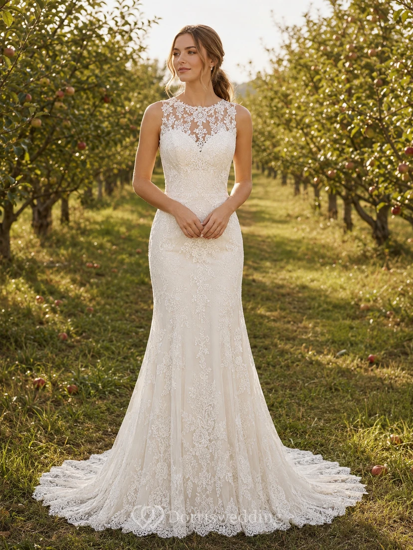 Robe de mariée bohème sirène à col montant sans manches en dentelle illusion et traîne chapelle, style champêtre