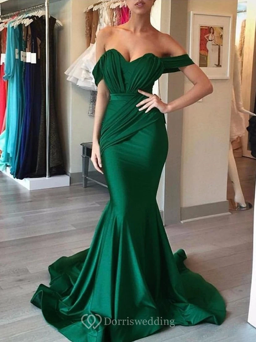 Sexy Mermaid Off-the-shoulder Sheath Champagne Ruched Evening Prom Dress view 2