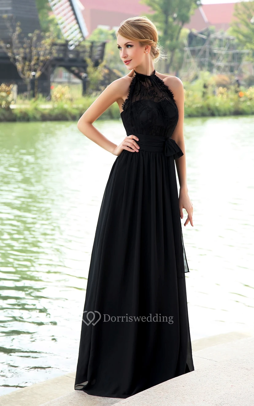 Chiffon High-Neck Strapless Floor-Length Dress With Halter view 3