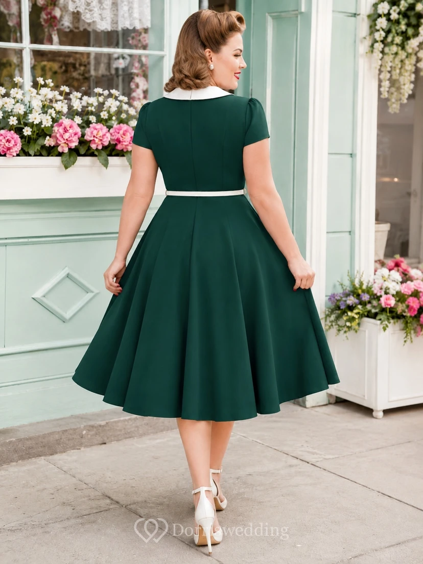 Elegant Forest Green Plus Size Button Front Short Sleeve A Line Tea Length Vintage Dress view 2