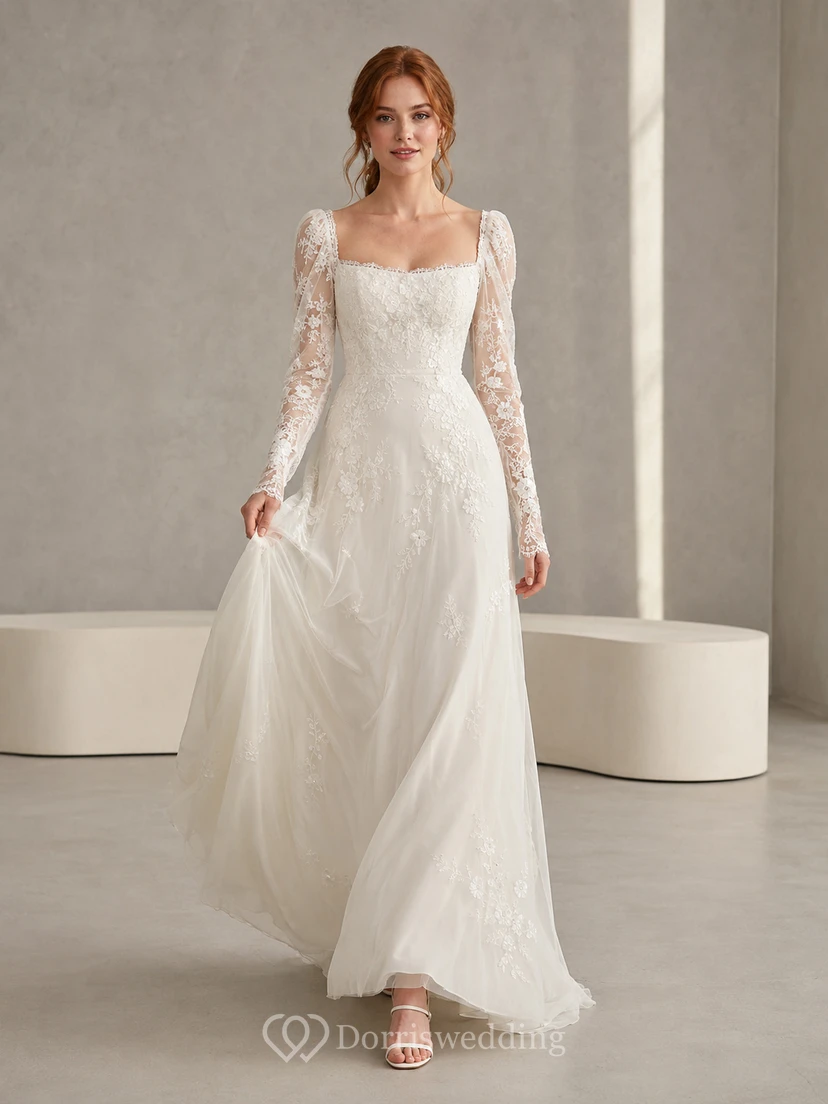 Square Neck Long Sleeve Lace Modern Studio Bridal Gown