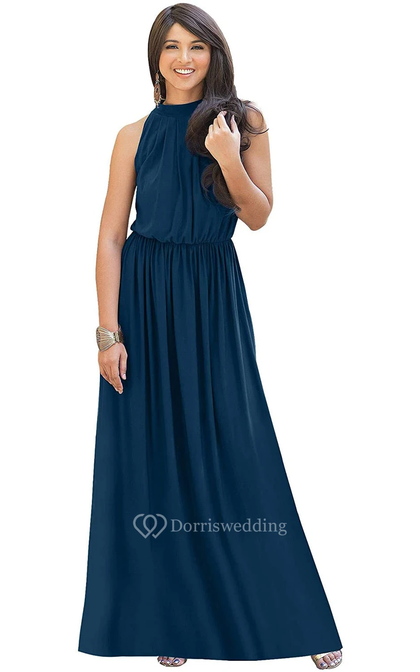 Einfaches Chiffon-Abendkleid in A-Linie mit Neckholder und Raffungen, hohem Kragen und Neckholder