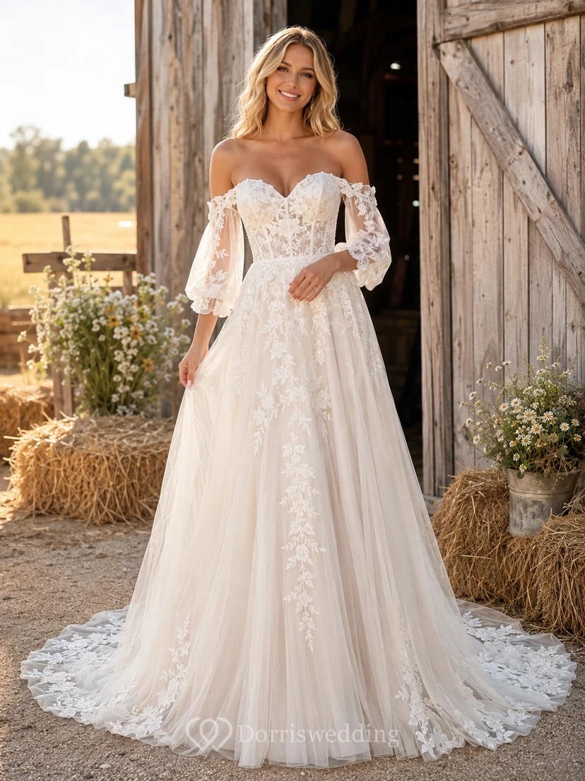 Lace Tulle Wedding Dress A-Line V-Neck Sleeveless Chapel Train Bridal Gown