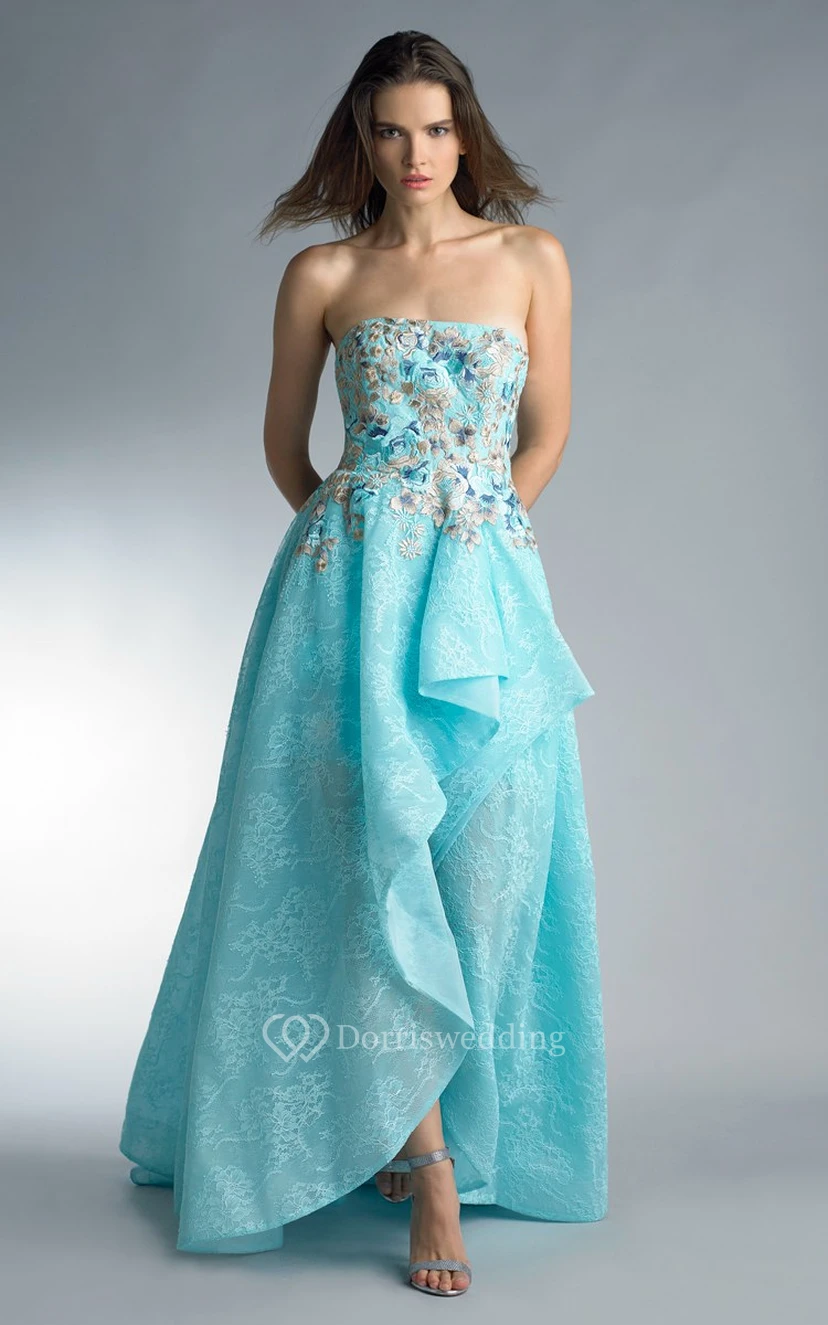A-line High-low Strapless Sleeveless Lace Backless Dress