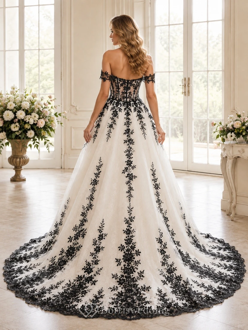 Vestido de novia bohemio romántico elegante con hombros descubiertos y estampado floral, corte en A. view 2