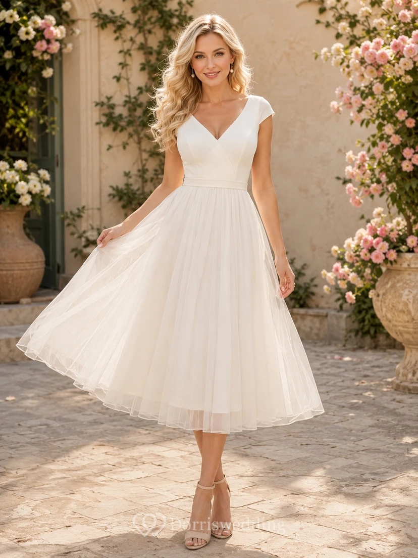 V-Neck Sleeveless Tulle A-Line Tea-Length Garden Wedding Dress