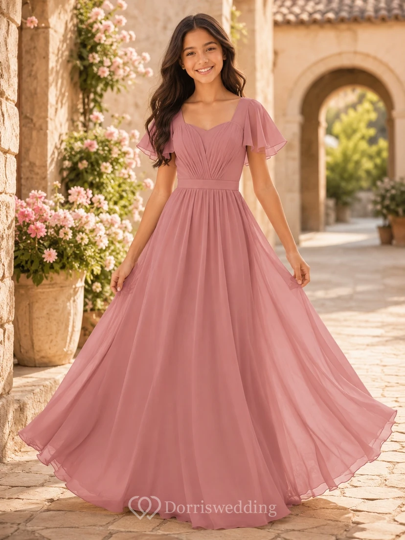 Vintage-Brautjungfernkleid in Mauve, A-Linie, herzförmiger Schnitt, kurze Blütenblattärmel, Chiffon, elegant