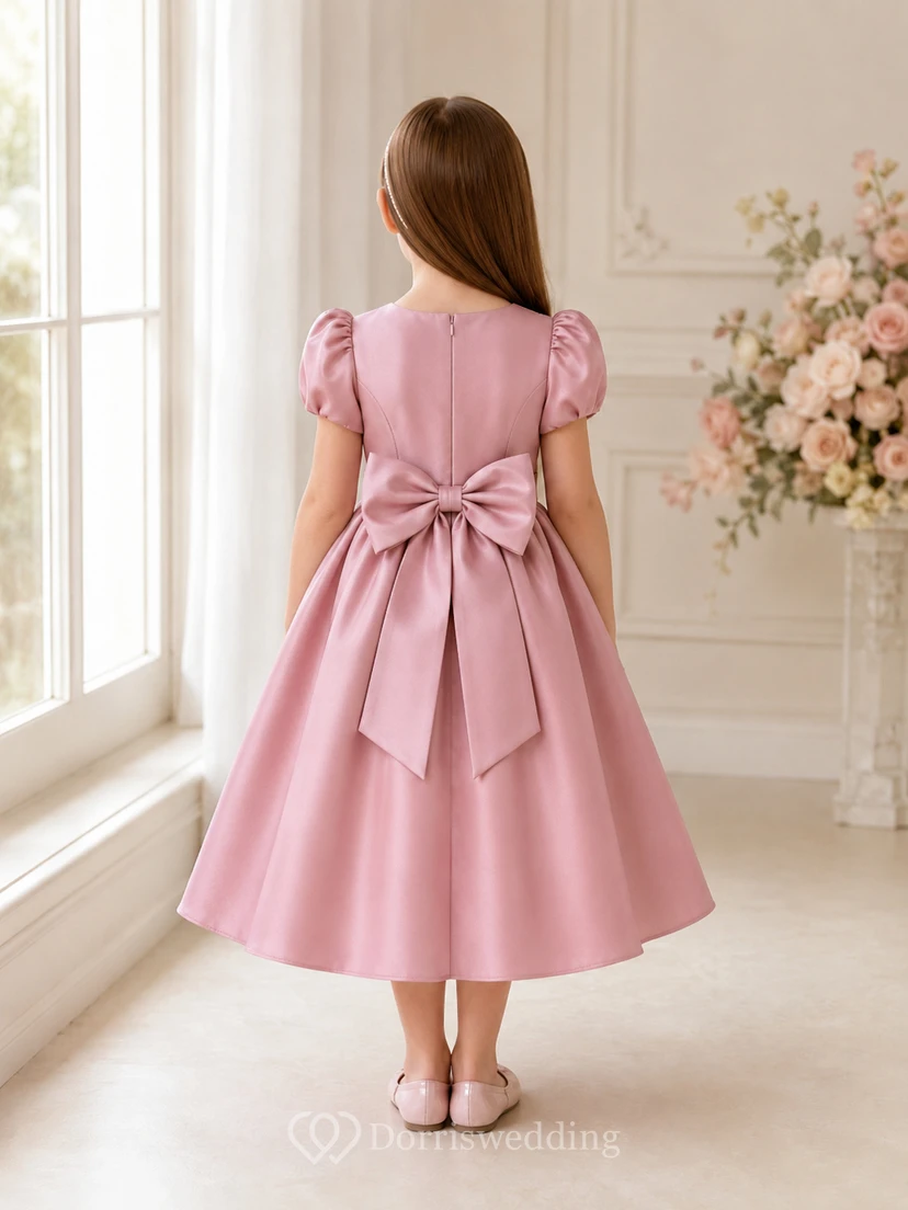Blumenmädchenkleid aus rosafarbenem Satin, A-Linie, kurze Ärmel, Rundhalsausschnitt, Teelänge, Schleifendetail view 2