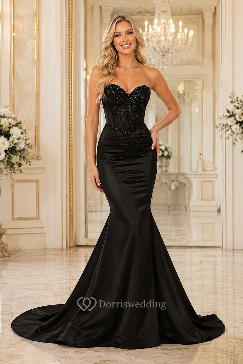 Black Strapless Satin Mermaid Dress with Beaded Sweetheart Corset for Prom Evening and Formal Reception Events