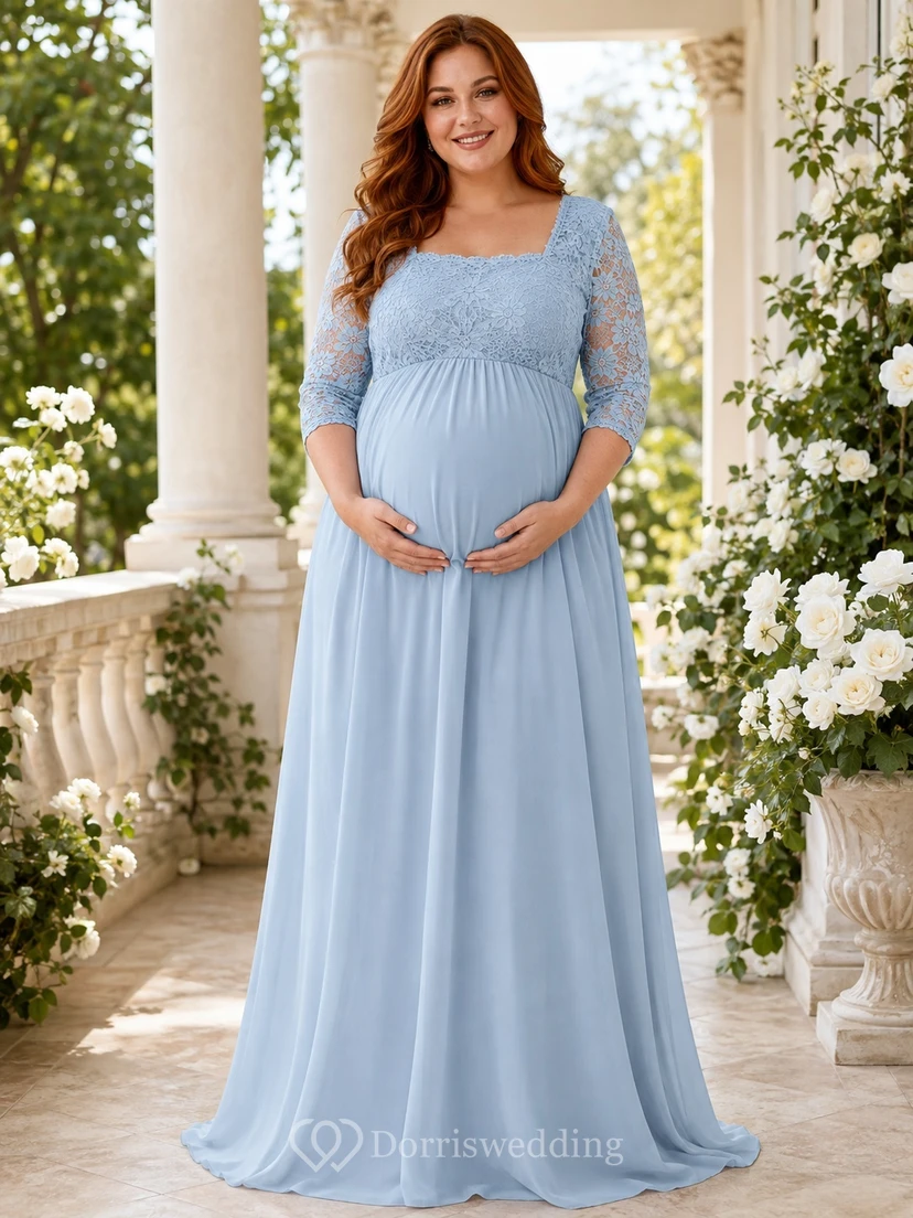 Sky Blue Plus-Size Maternity Lace Square-Neck A-Line Floor-Length Half-Sleeve Romantic Evening Gown