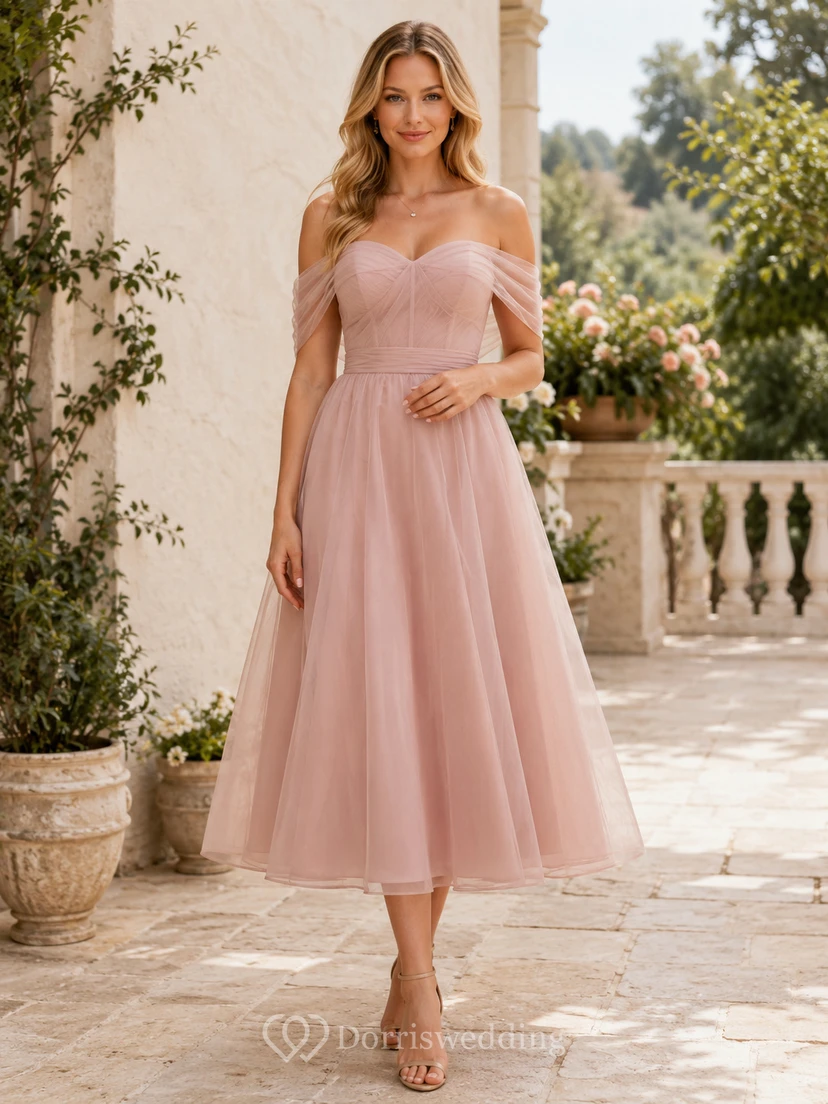 Vestido largo midi sin tirantes de organza color rosa empolvado