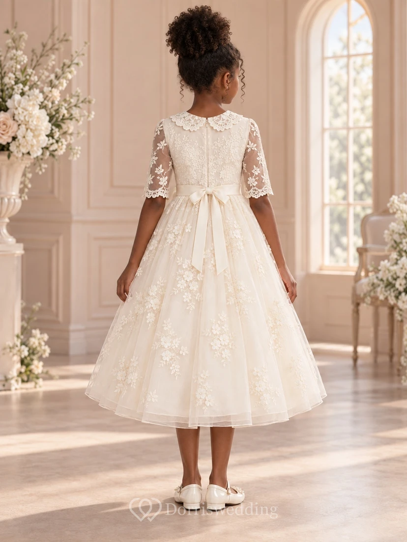 Tea-length Vintage Cream A-line Floral Lace Collared Elbow-sleeve Flower Girl Dress view 2